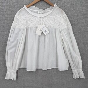 Merlette Majorelle Blouse Womens Sz L White Smocked Cotton Cotage Coquette